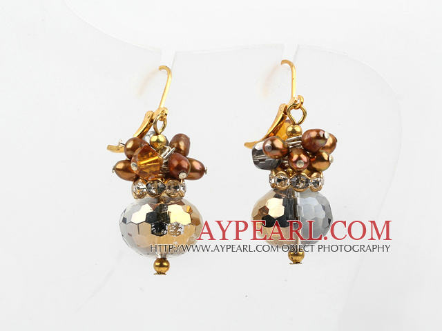 Fashion Brown Freshwater Pearl And Crystal Ball Dangle Earrings With Lever Back Hook