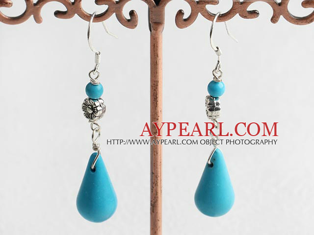 Fashion Teardrop Blue Turquoise With Flower Charm Dangle Earrings