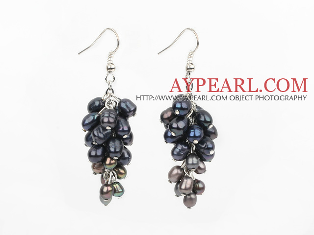 Classic Cluster Loop Style Multi Black Freshwater Pearl Dangle Earrings With Fish Hook