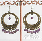 Large Diameter Vintage Amethyst Bronze Metal Hoop Earrings With Fish Hook