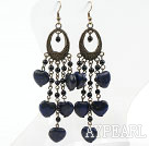 Agate noire et boucles d'oreilles forme de coeur Lapis longues boucles d'oreilles