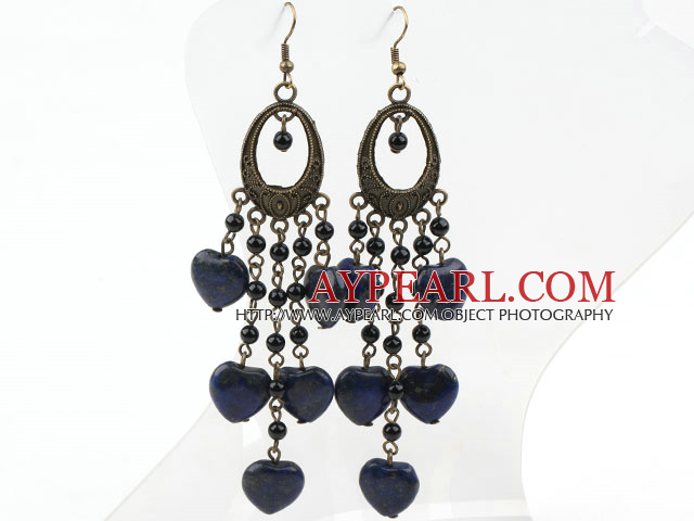 Agate noire et boucles d'oreilles forme de coeur Lapis longues boucles d'oreilles