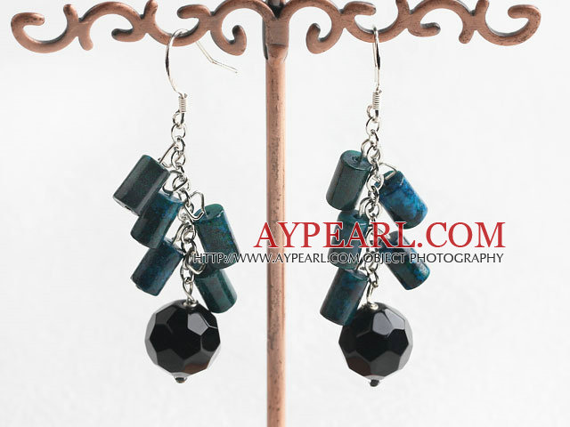 Nice Cylinder Shape Phoenix Stone And Black Faceted Crystal Ball Dangle Earrings