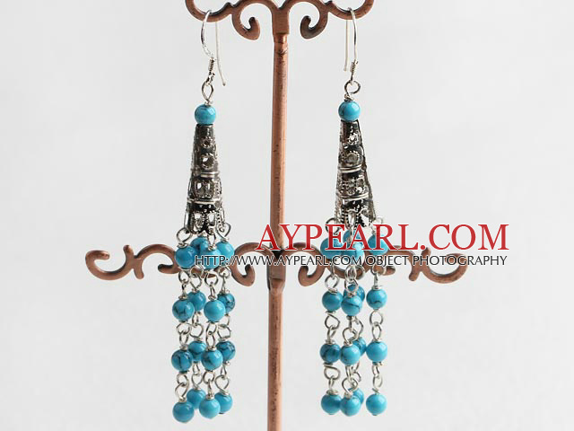 Fashion Blue Turquoise Beaded Cap Charm Link Dangle Earrings With Fish Hook