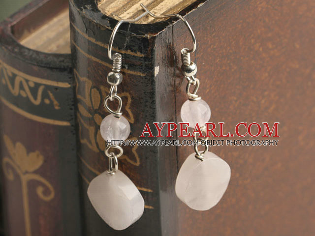 Fashion Caky And Round Rose Quartz Silver Metal Bead Dangle Earrings