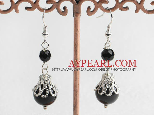 Lovely Black Onyx And Faceted Agate Ball Dangle Earrings With Fish Hook