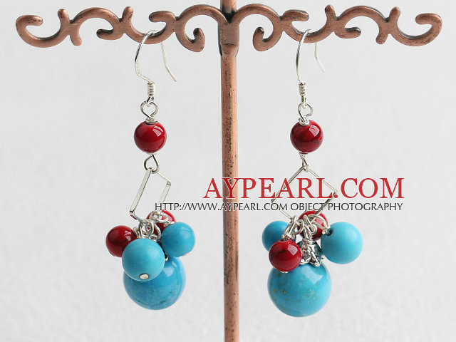 Fashion Round Blue Turquoise And Red Bloodstone Loop Dangle Earrings With Fish Hook