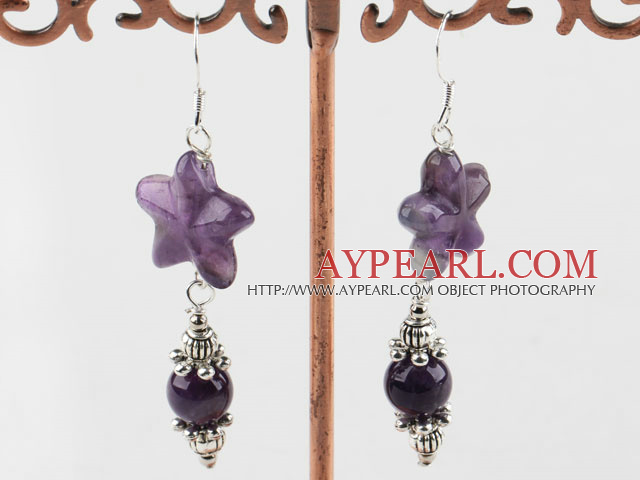 Lovely Round And Star Shape Amethyst Stone And Metal Charm Dangle Earrings With Fish Hook