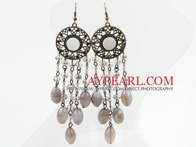 Long Style Gray Agate and Crystal Earrings