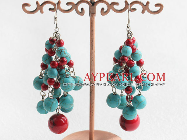 Popular Long Cluster Style Round Bloodstone And Blue Turquose Link Dangle Earrings