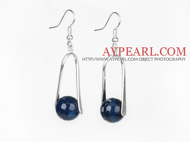 Fashion Faceted Blue Agate Ball Loops Dangle Earrings With Fish Hook 