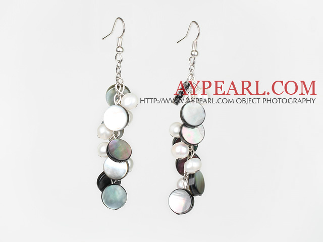 Elegant Cluster Style White Freshwater Pearl And Black Lip Shell Dangle Earrings
