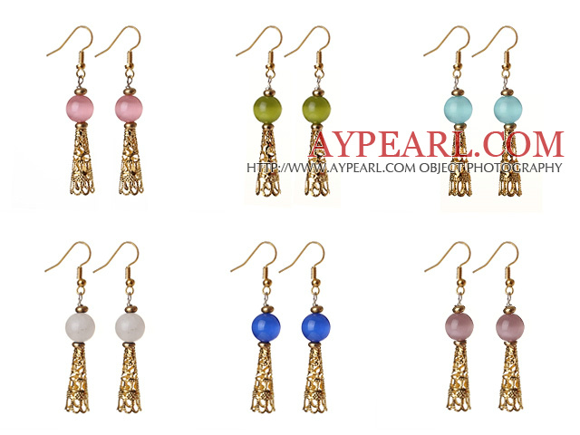 6 paria Yksinkertainen Fashion Style Multi Color kierroksen Cats Eye Stone Dangle korvakorut Golden Tarvikkeet 