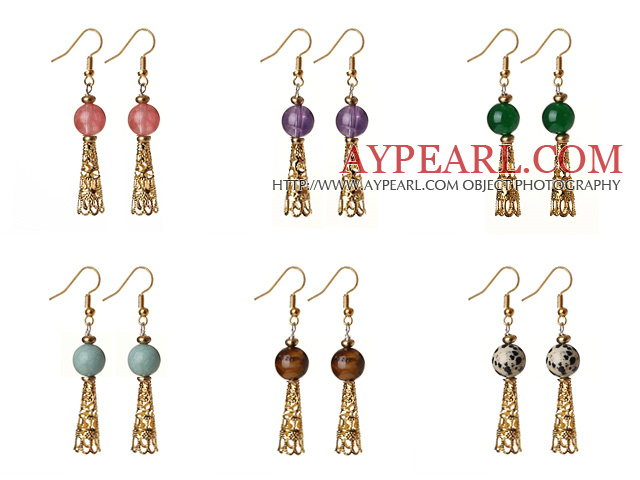 6 Pairs Simple Fashion Style Multi Color Round Semi-Precious Stone Dangle Earrings With Golden Accessory