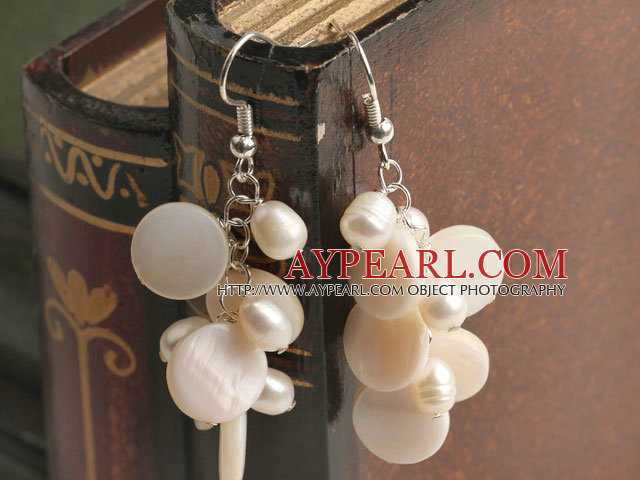 Lovely Cluster Style White Freshwater Pearl And Disc Shell Dangle Earrings With Fish Hook