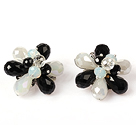 Fashion Style Black and White Crystal Flower Clip Earrings