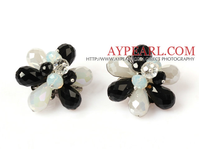 Fashion Style Black and White Crystal Flower Clip Earrings