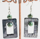 Fashion Green Freshwater Pearl And Black Hollow Rectangle Shell Dangle Earrings