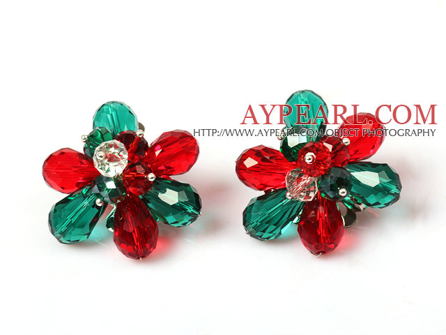 Fashion Style Red and Green Crystal Flower Clip Earrings