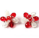 Fashion Style Red and White Crystal Flower Clip Earrings