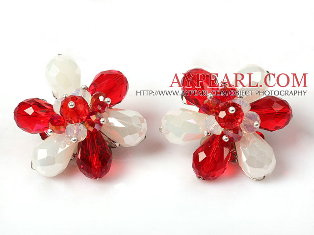 Fashion Style rouge et blanc fleur de cristal Boucles d'oreilles clip 