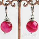 Cute 12Mm Round Pink Agate Ball Drop Earrings With Lever Back Hook