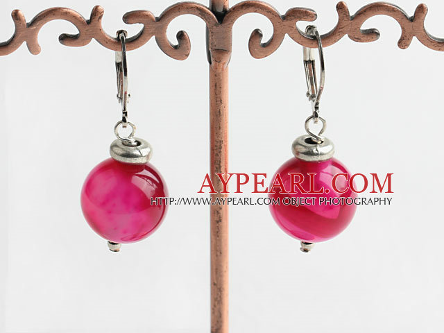 Cute 12Mm Round Pink Agate Ball Drop Earrings With Lever Back Hook