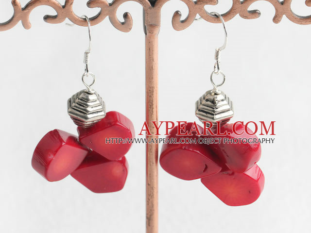Fashion Cluster Style Drop Shape Red Coral And Metal Charm Dangle Earrings With Fish Hook