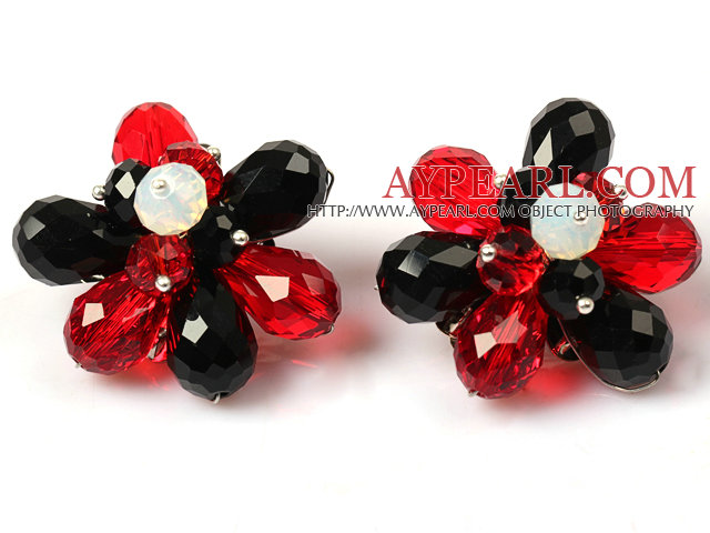 Fashion Style Black and Red Crystal Flower Clip Earrings