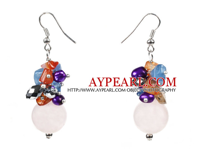 Boucles d'oreilles Belle Design Rose Quartz Rose Black Crystal Cluster Multi Color Purple Pearl Pierre Chips Dangle