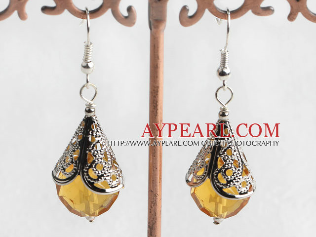 Lovely Short Style Citrine Ball And Horn Metal Charm Dangle Earrings With Fish Hook