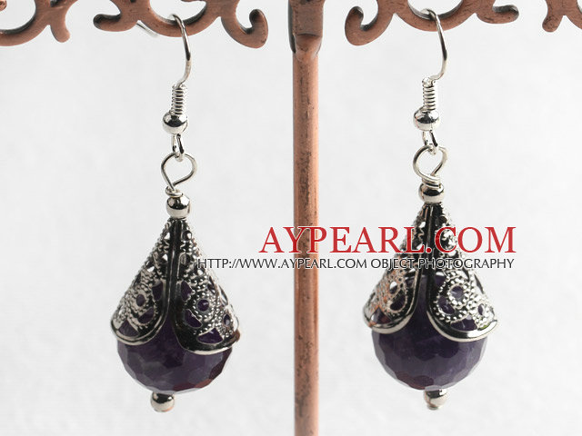 Lovely Short Style Natural Faceted Amethyst Ball And Horn Charm Dangle Earrings