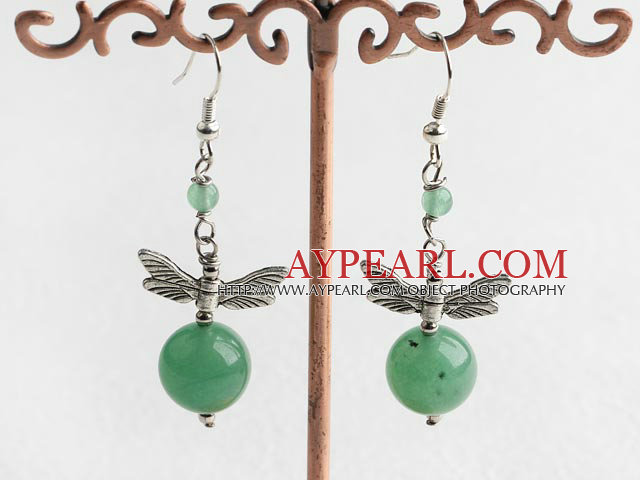 Hot Round Aventurine And Dragonfly Charm Dangle Earrings With Fish Hook