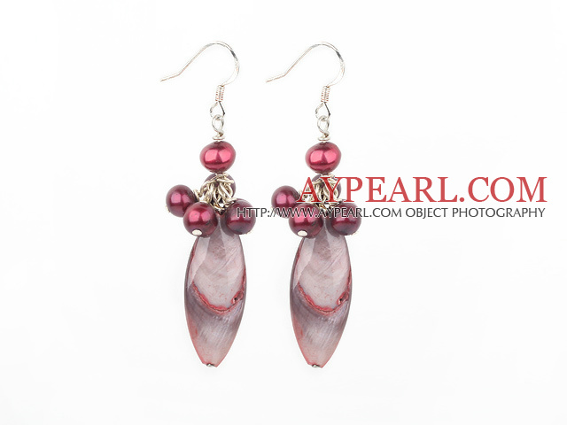 Lovely Dyed Red Cluster Pearl And Eye Shape Shell Dangle Earrings With Fish Hook