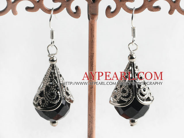 Lovely Round Faceted Bule Sandstone And Horn Metal Charm Drop Earrings With Fish Hook