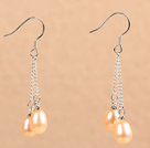 Simple Long Style Natural Pink Freshwater Pearl Dangle Earrings