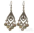 Fashion 6Mm Green Piebald Jade Dangle Earrings With Vintage Loop Bronze Charm