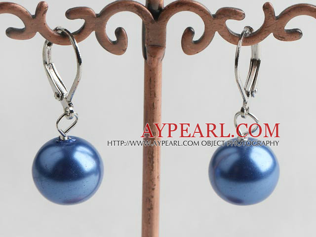 Lovely 12Mm Blue Color Round Shell Beads Dangle Earrings With Lever Back Hook