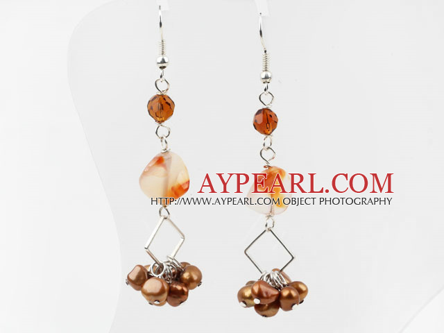 Dangle Stil Brown Freshwater Pearl og Agate og Crystal lange øredobber