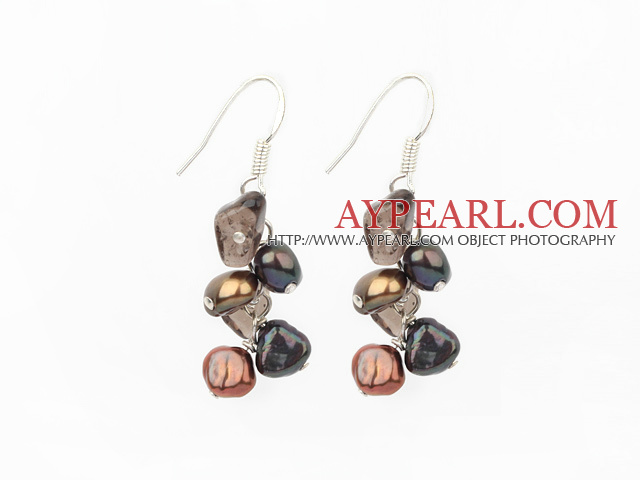 cluster style pearl and smoky quartze earrings with 925 silver hook