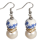 Elegant Vintage Natural White Freshwater Pearl Blue & White Porcelain Beads Dangle Earrings