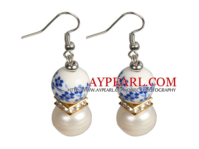 Elegant Vintage Natural White Freshwater Pearl Blue & White Porcelain Beads Dangle Earrings