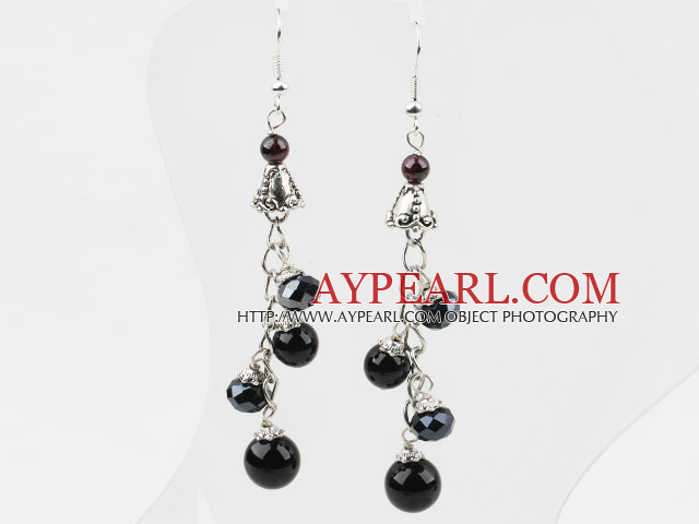 Dangle Style Black Crystal and Black Agate Long Earrings