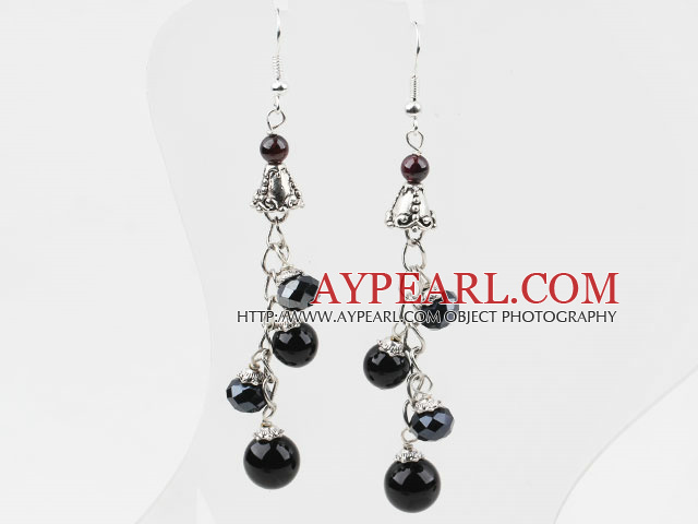 Dangle Stil Black Crystal og Black Agate lange øredobber