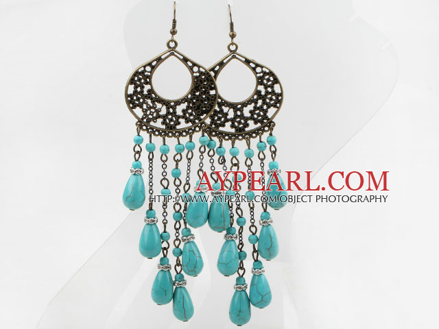 Vintage Style Drop Shape Turquoise and Rhinestone Spacer Earrings