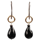 Simple Fashion Style Faceted Drop Shape Black Agate Golden Loop Dangle Earrings