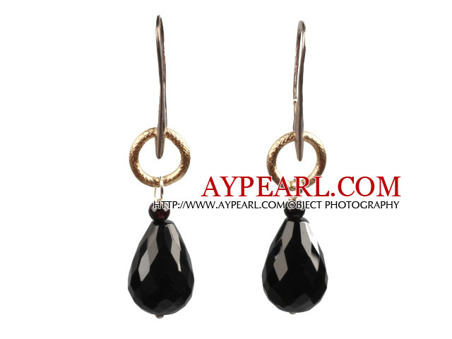 Simple Fashion Style Faceted Drop Shape Black Agate Golden Loop Dangle Earrings