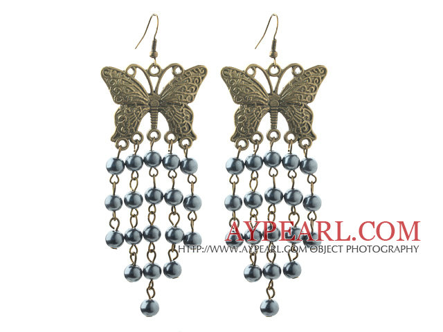 Vintage Style Black Seashell Beads Earrings with Bronze Butterfly Accessories