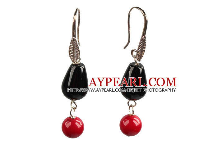 Simple Fashion Style Red Coral Drop Shape Black Agate Dangle Earrings