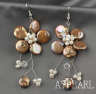 Brown Coin Pearl and White Freshwater Pearl Flower Earrings